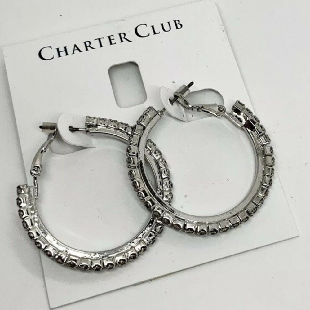 Charter Club Silver Tone Clear Crystal Open Hoop Earrings NEW